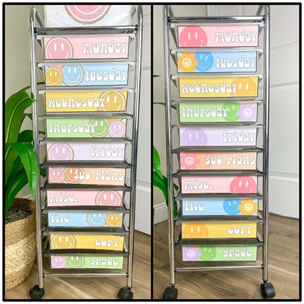 Smiley Face Classroom Decor Retro Pastel Rolling Cart Labels