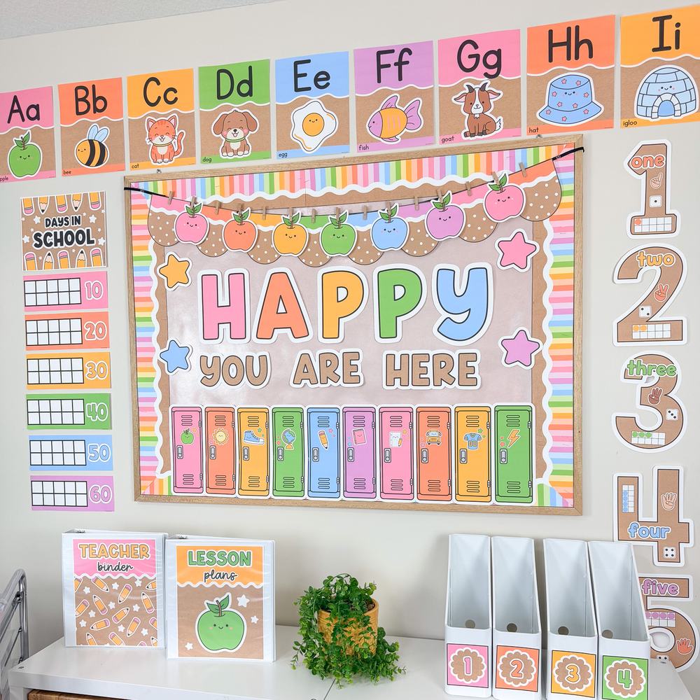 Krafty Brights classroom decor: HAPPY YOU ARE HERE bulletin board with pastel lockers, alphabet posters and kraft paper accents