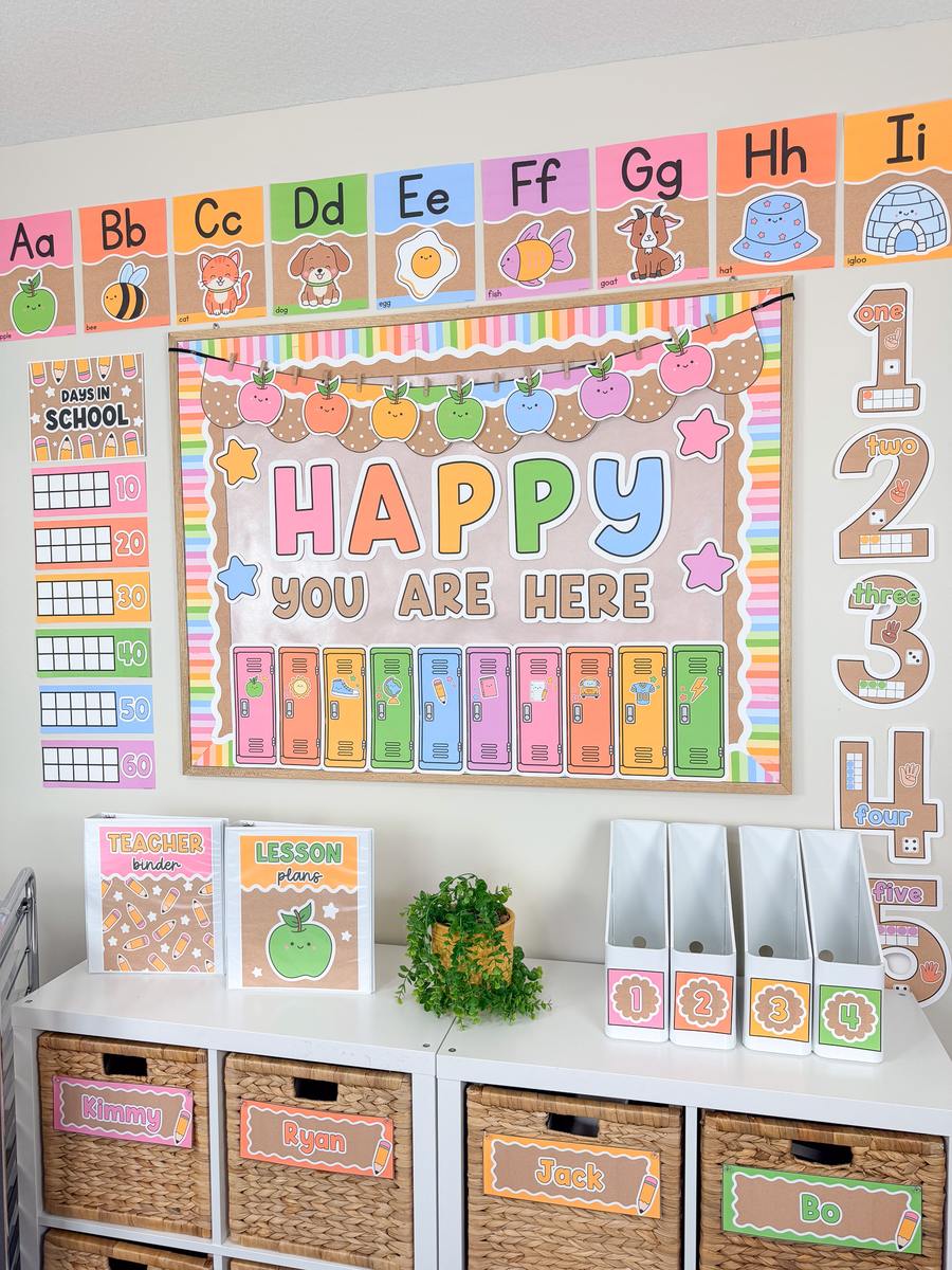 Full Krafty Brights classroom decor set: bulletin board, alphabet line, number posters, days in school tracker and labeled storage bins