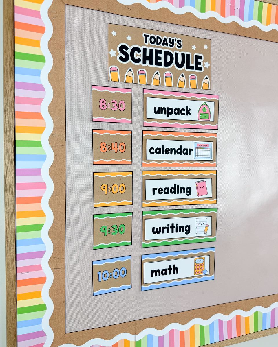 Krafty Brights editable classroom schedule cards with times and subjects on a bulletin board with a rainbow striped border
