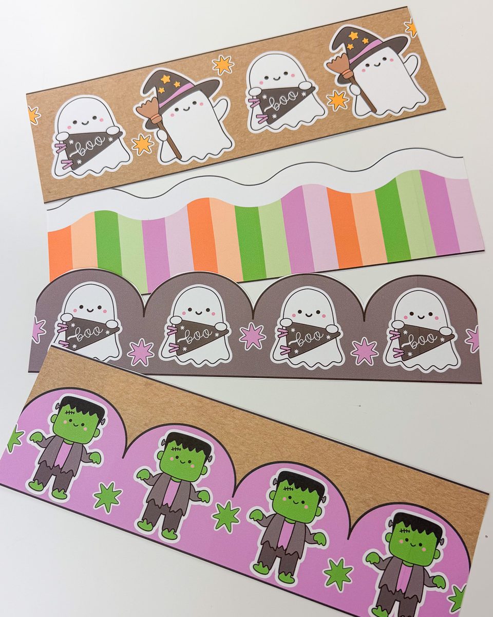 Four printed Halloween bulletin board borders: witch-hat ghosts on kraft paper, pastel stripes, boo ghosts on dark scallops and Frankensteins on pink scallops