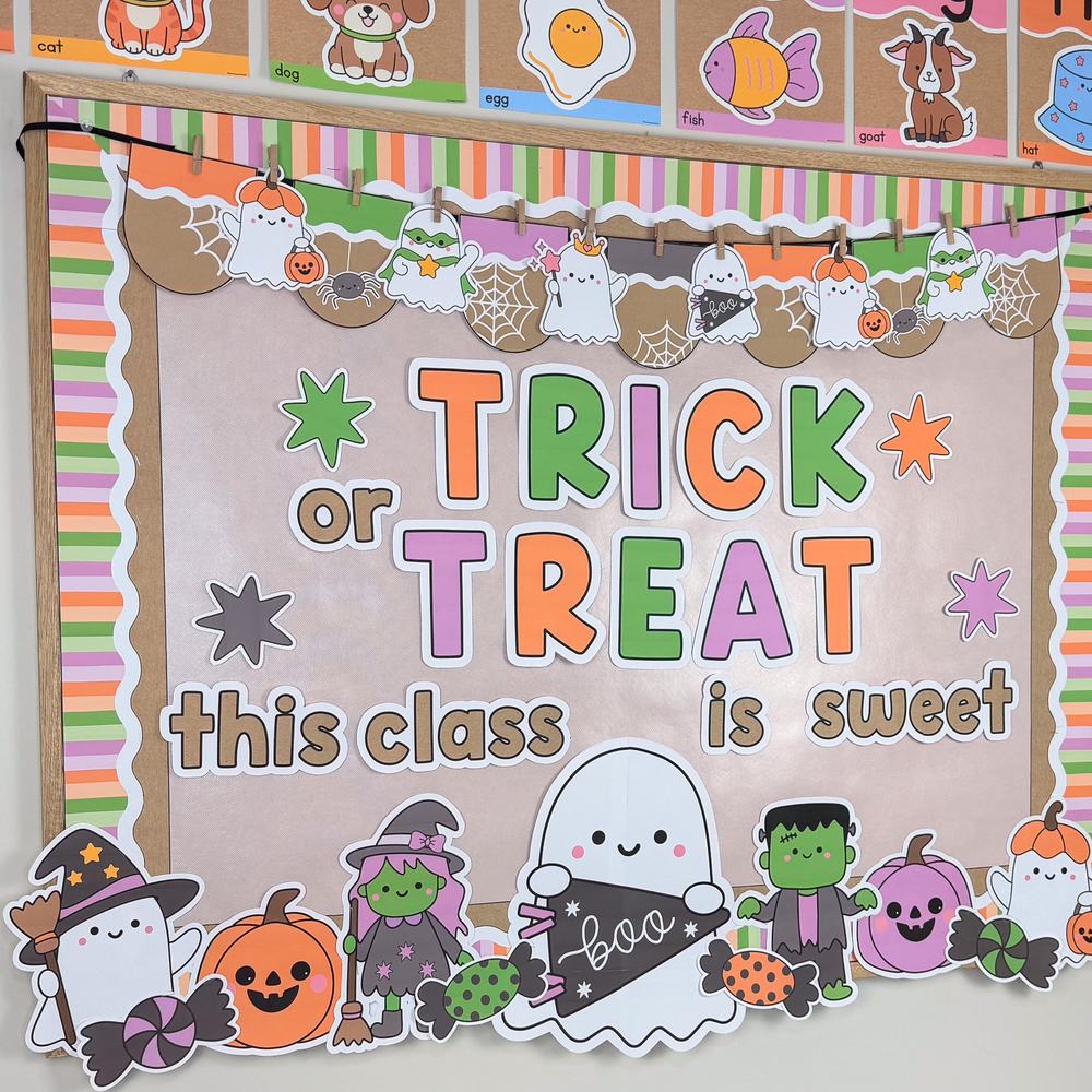 Halloween bulletin board that says TRICK OR TREAT THIS CLASS IS SWEET with ghost, witch, Frankenstein and pumpkin cutouts on a striped border