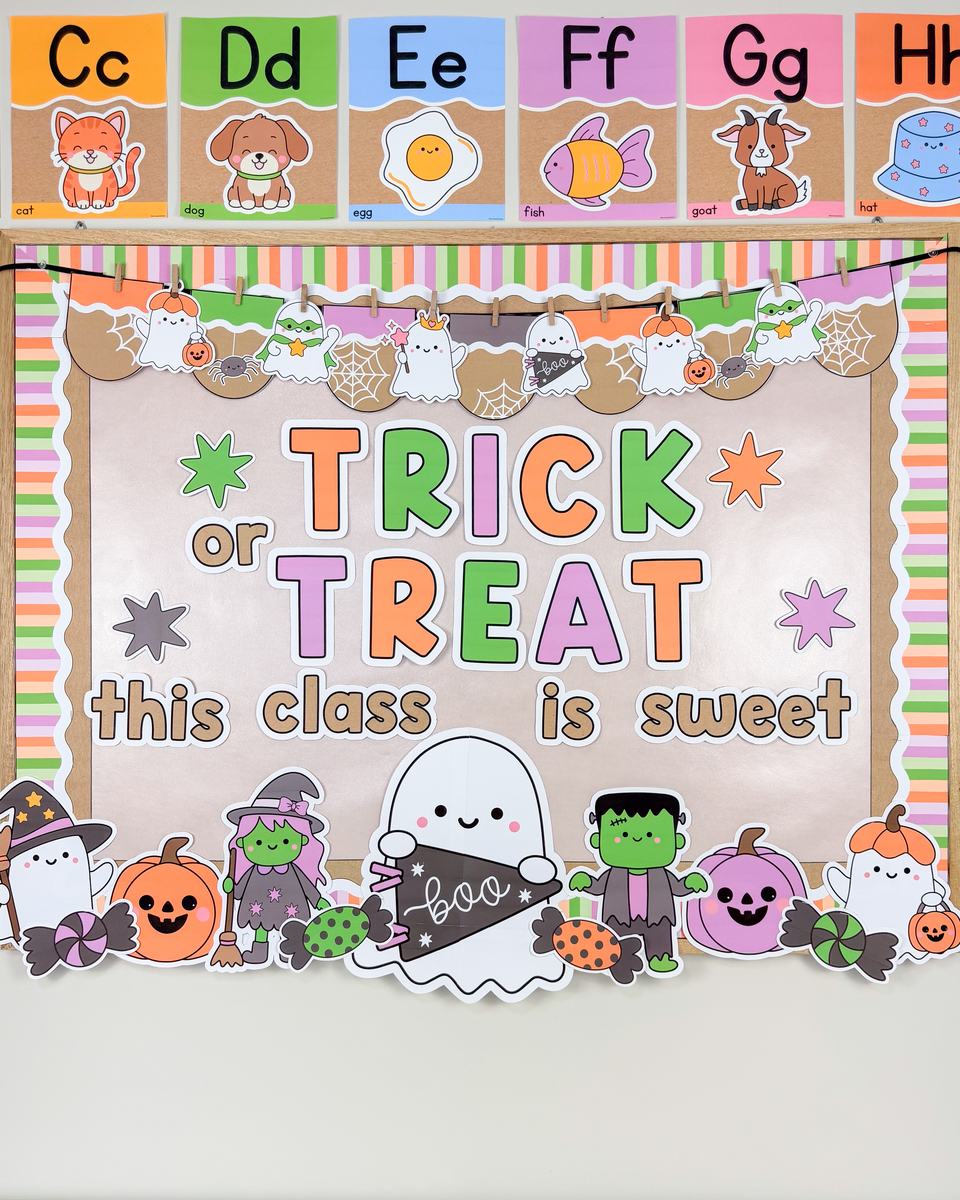 Krafty Brights Halloween board under the matching alphabet line: TRICK OR TREAT THIS CLASS IS SWEET with a ghost banner and Halloween cutouts